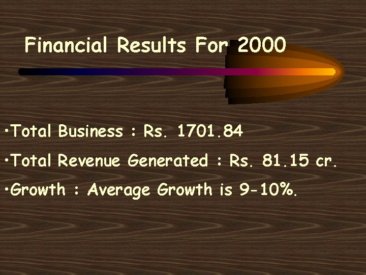 Financial Results For 2000 • Total Business : Rs. 1701. 84 • Total Revenue