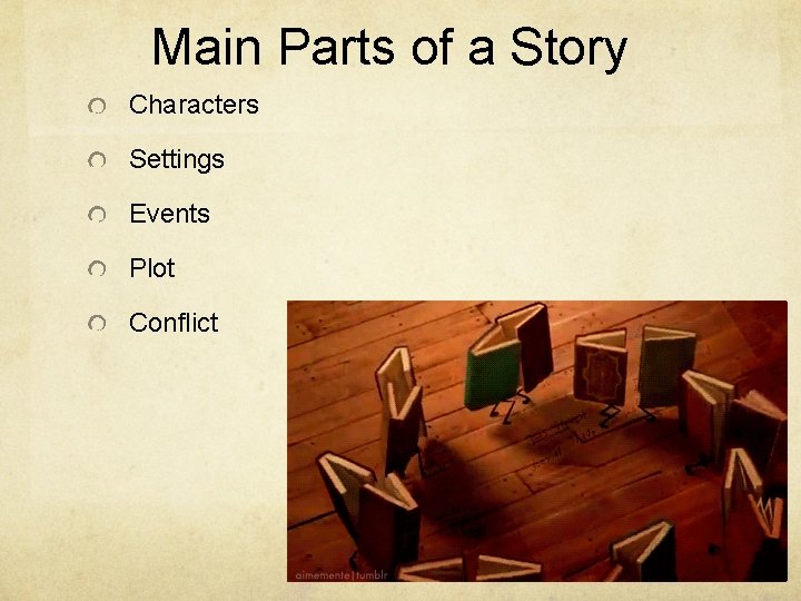 Main Parts of a Story Characters Settings Events Plot Conflict 