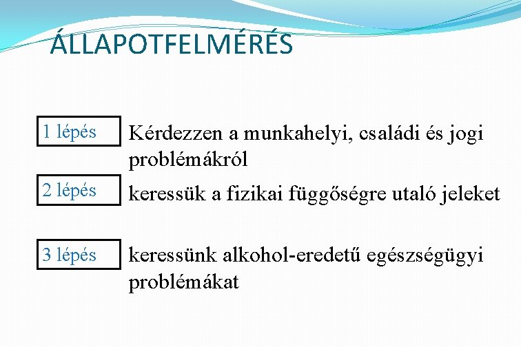 ÁLLAPOTFELMÉRÉS 1 lépés Kérdezzen a munkahelyi, családi és jogi problémákról 2 lépés keressük a