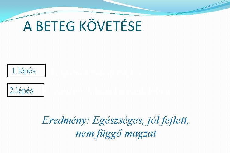 A BETEG KÖVETÉSE 1. lépés Telefonos betegkövetés 2. lépés Kontrollvizsgálat a rendelőben Eredmény: Egészséges,