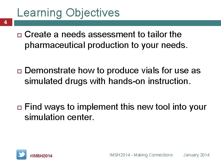 Learning Objectives 4 Create a needs assessment to tailor the pharmaceutical production to your