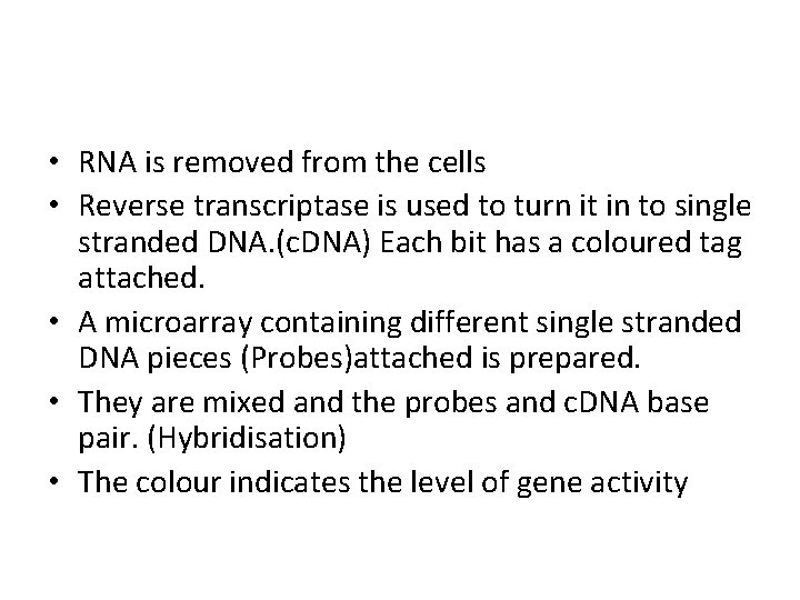  • RNA is removed from the cells • Reverse transcriptase is used to