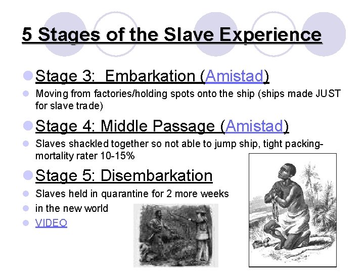 5 Stages of the Slave Experience l Stage 3: Embarkation (Amistad) l Moving from