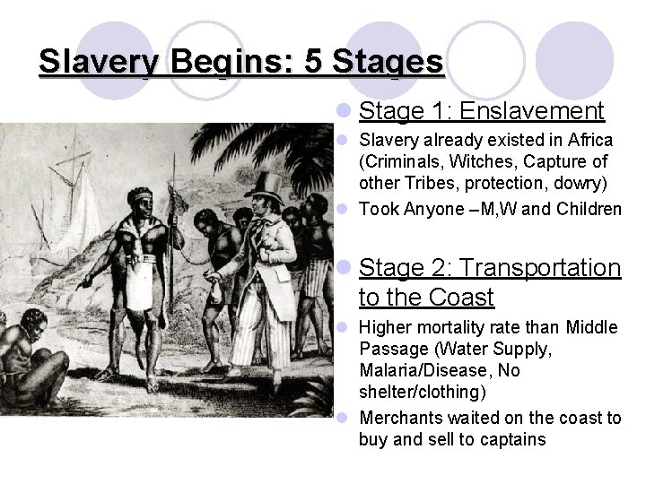 Slavery Begins: 5 Stages l Stage 1: Enslavement l Slavery already existed in Africa