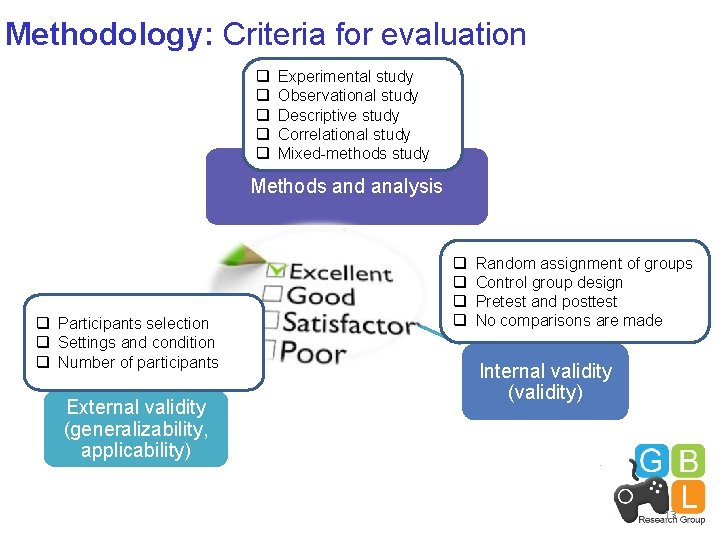 Methodology: Criteria for evaluation q q q Experimental study Observational study Descriptive study Correlational