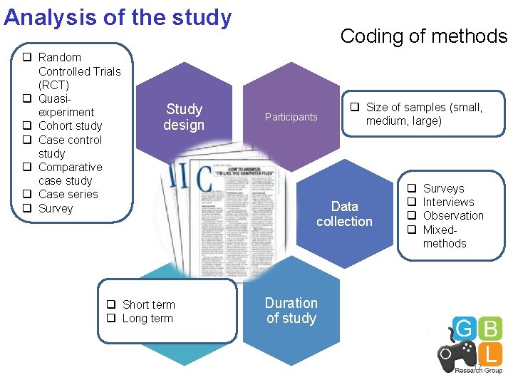 Analysis of the study q Random Controlled Trials (RCT) q Quasiexperiment q Cohort study