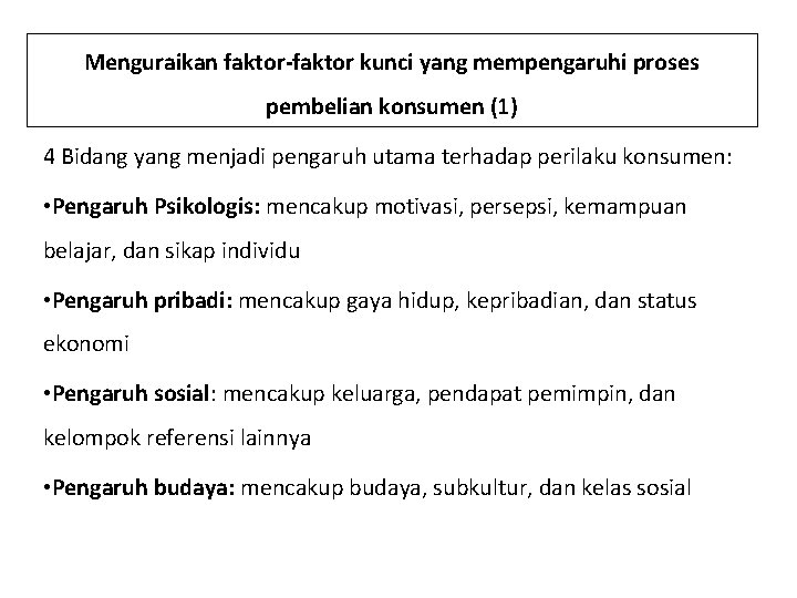 Menguraikan faktor-faktor kunci yang mempengaruhi proses pembelian konsumen (1) 4 Bidang yang menjadi pengaruh