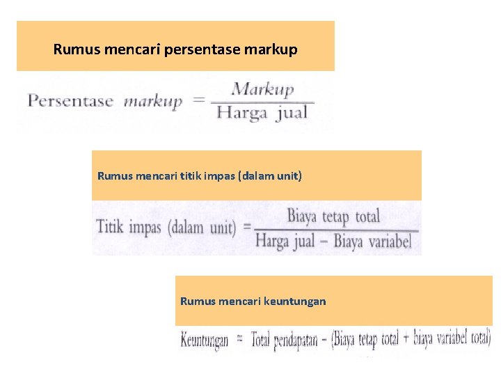 Rumus mencari persentase markup Rumus mencari titik impas (dalam unit) Rumus mencari keuntungan 