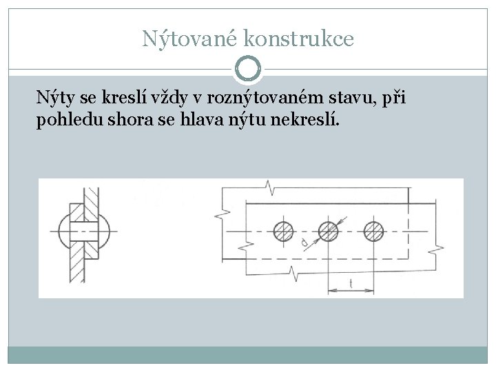 Nýtované konstrukce Nýty se kreslí vždy v roznýtovaném stavu, při pohledu shora se hlava