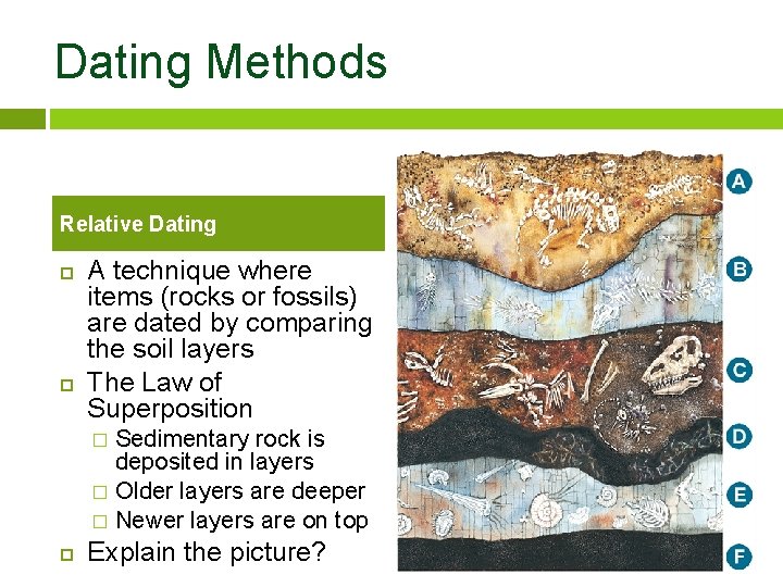 Dating Methods Relative Dating A technique where items (rocks or fossils) are dated by