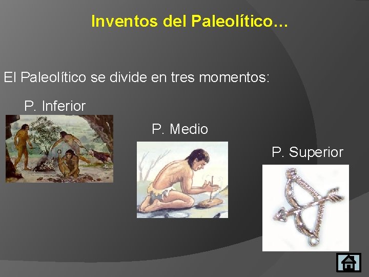 Inventos del Paleolítico… El Paleolítico se divide en tres momentos: P. Inferior P. Medio