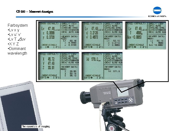 CS-200 – Messwert-Anzeigen Farbsystem • Lv x y • Lv u’ v’ • Lv