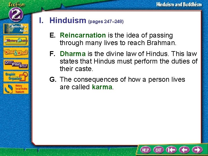 I. Hinduism (pages 247– 248) E. Reincarnation is the idea of passing through many