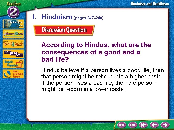 I. Hinduism (pages 247– 248) According to Hindus, what are the consequences of a