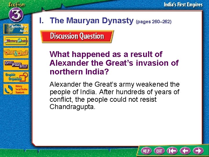 I. The Mauryan Dynasty (pages 260– 262) What happened as a result of Alexander