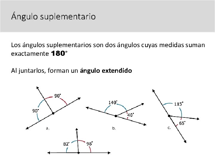 Ángulo suplementario Los ángulos suplementarios son dos ángulos cuyas medidas suman exactamente 180° Al