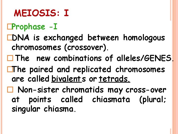 MEIOSIS: I �Prophase -I �DNA is exchanged between homologous chromosomes (crossover). � The new