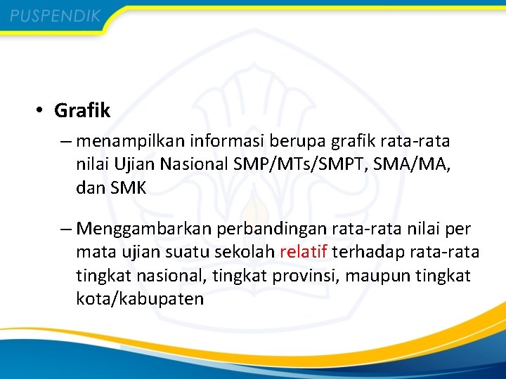  • Grafik – menampilkan informasi berupa grafik rata-rata nilai Ujian Nasional SMP/MTs/SMPT, SMA/MA,