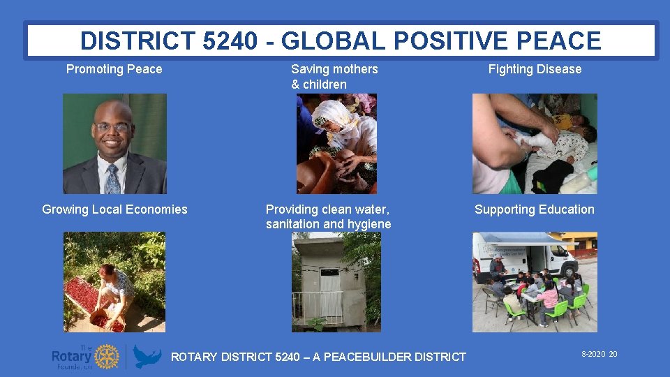 DISTRICT 5240 - GLOBAL POSITIVE PEACE Promoting Peace Saving mothers & children Growing Local