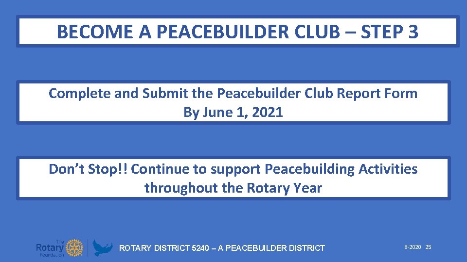 BECOME A PEACEBUILDER CLUB – STEP 3 Complete and Submit the Peacebuilder Club Report