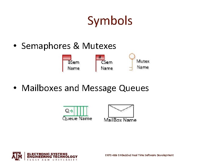 Symbols • Semaphores & Mutexes • Mailboxes and Message Queues ENTC-489 Embedded Real Time