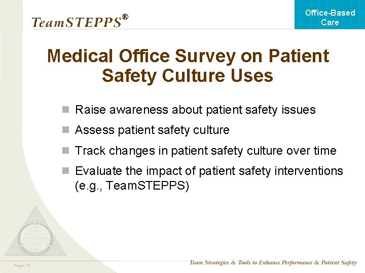 Office-Based Care ® Medical Office Survey on Patient Safety Culture Uses n Raise awareness