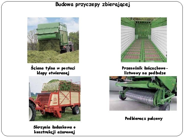 Budowa przyczepy zbierającej Ściana tylna w postaci klapy otwieranej Przenośnik łańcuchowolistwowy na podłodze Podbieracz