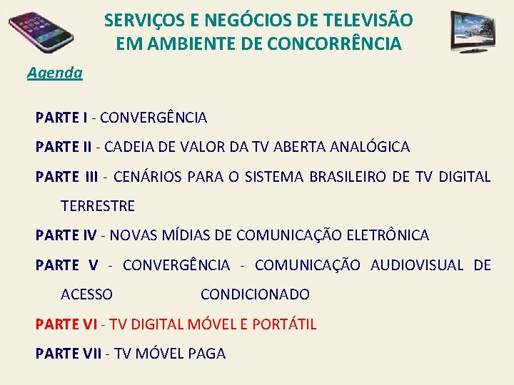 SERVIÇOS E NEGÓCIOS DE TELEVISÃO EM AMBIENTE DE CONCORRÊNCIA Agenda PARTE I - CONVERGÊNCIA