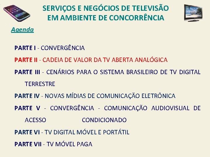 SERVIÇOS E NEGÓCIOS DE TELEVISÃO EM AMBIENTE DE CONCORRÊNCIA Agenda PARTE I - CONVERGÊNCIA
