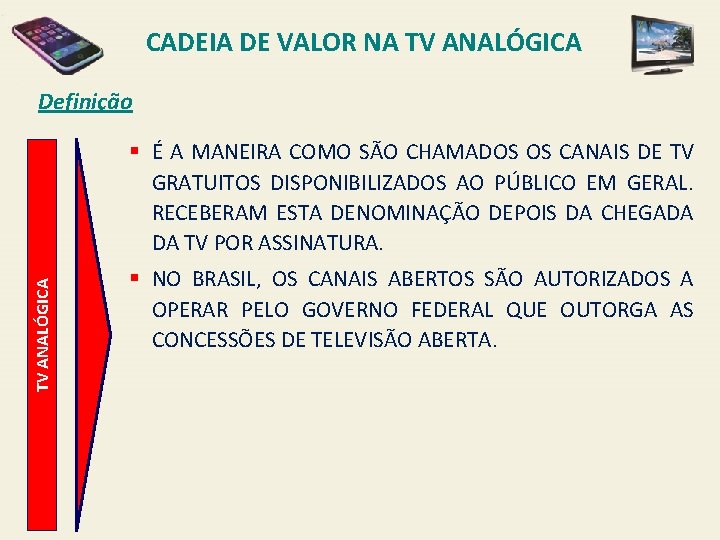 CADEIA DE VALOR NA TV ANALÓGICA Definição TV ANALÓGICA § É A MANEIRA COMO