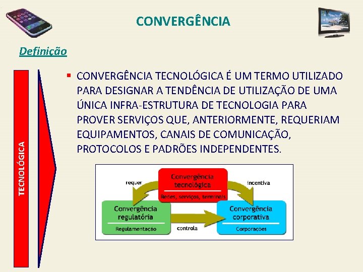 CONVERGÊNCIA TECNOLÓGICA Definição § CONVERGÊNCIA TECNOLÓGICA É UM TERMO UTILIZADO PARA DESIGNAR A TENDÊNCIA