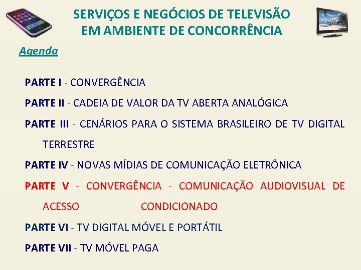 SERVIÇOS E NEGÓCIOS DE TELEVISÃO EM AMBIENTE DE CONCORRÊNCIA Agenda PARTE I - CONVERGÊNCIA