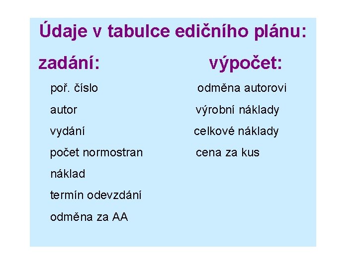 Údaje v tabulce edičního plánu: zadání: výpočet: poř. číslo odměna autorovi autor výrobní náklady