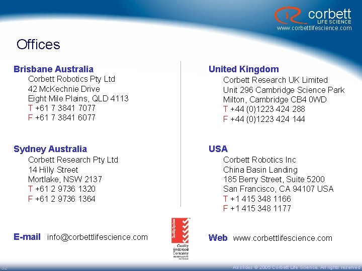 corbett LIFE SCIENCE www. corbettlifescience. com Offices Brisbane Australia Corbett Robotics Pty Ltd 42 corbett LIFE SCIENCE www. corbettlifescience. com Offices Brisbane Australia Corbett Robotics Pty Ltd 42