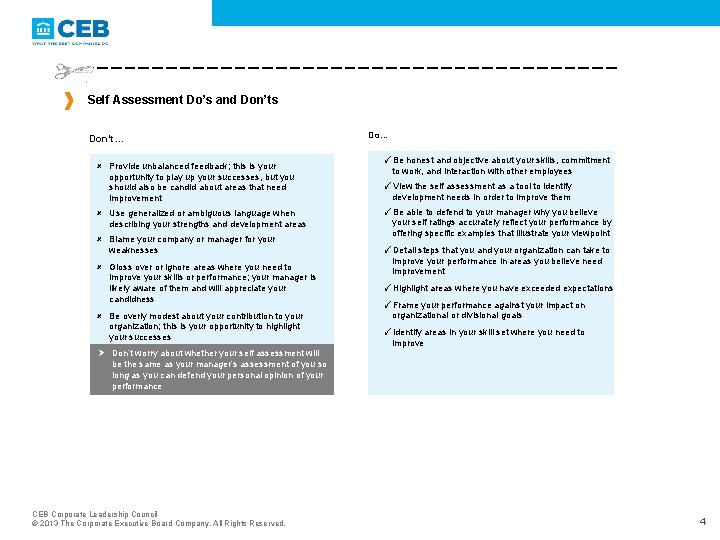 Self Assessment Do’s and Don’ts Don’t… Provide unbalanced feedback; this is your opportunity to