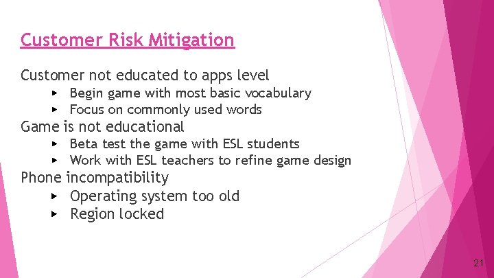 Customer Risk Mitigation Customer not educated to apps level ▶ Begin game with most