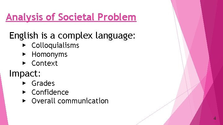 Analysis of Societal Problem English is a complex language: ▶ Colloquialisms ▶ Homonyms ▶