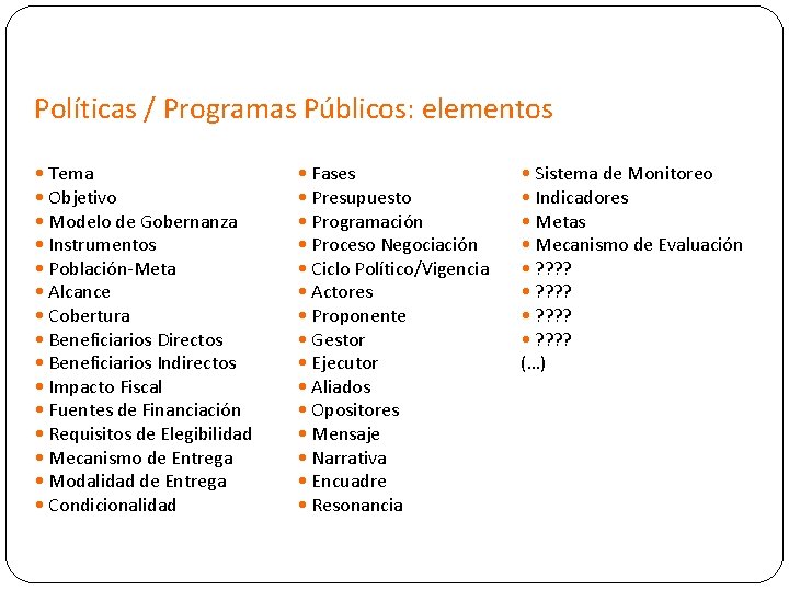 Políticas / Programas Públicos: elementos • Tema • Objetivo • Modelo de Gobernanza •