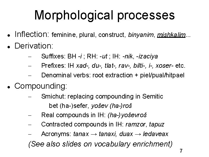 Morphological processes Inflection: feminine, plural, construct, binyanim, mishkalim. . . Derivation: – – –
