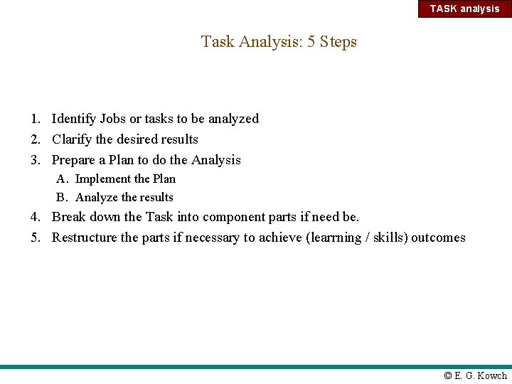 TASK analysis Task Analysis: 5 Steps 1. Identify Jobs or tasks to be analyzed