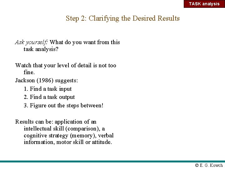 TASK analysis Step 2: Clarifying the Desired Results Ask yourself: What do you want