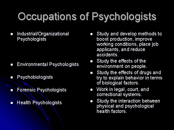Occupations of Psychologists l l Industrial/Organizational Psychologists Environmental Psychologists l l Psychobiologists l Forensic