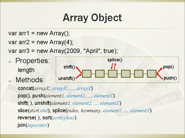 Array Object var arr 1 = new Array(); var arr 2 = new Array(4); Array Object var arr 1 = new Array(); var arr 2 = new Array(4);