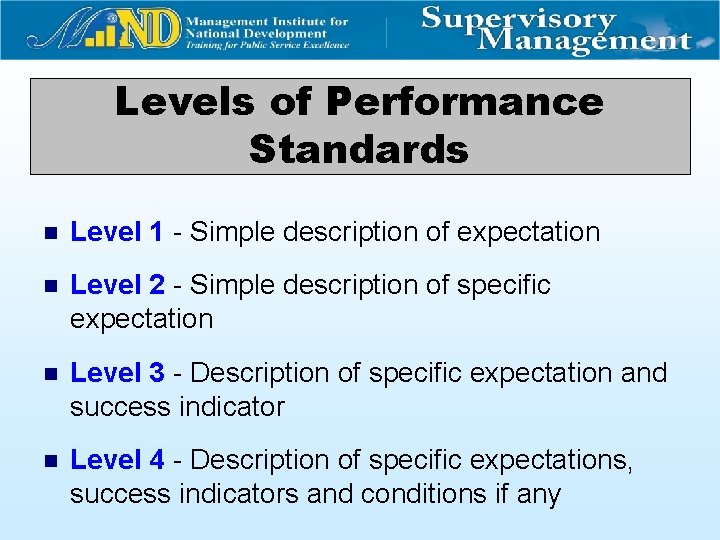 Levels of Performance Standards n Level 1 - Simple description of expectation n Level