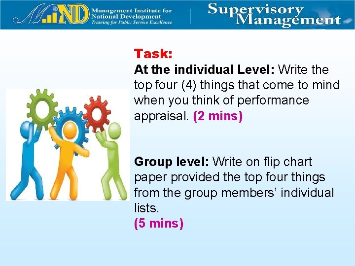 Task: At the individual Level: Write the top four (4) things that come to