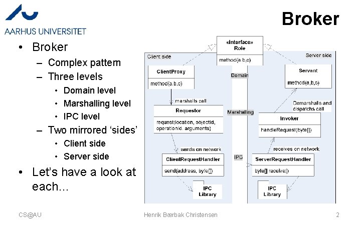 Broker • Broker – Complex pattern – Three levels • Domain level • Marshalling
