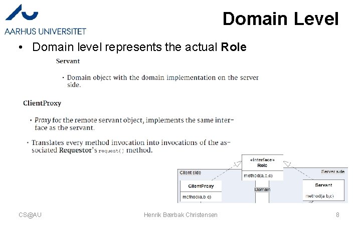 Domain Level • Domain level represents the actual Role CS@AU Henrik Bærbak Christensen 8