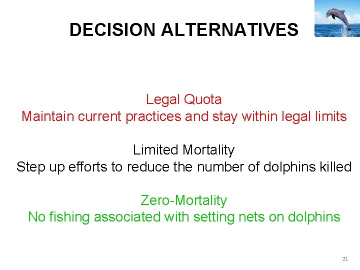 DECISION ALTERNATIVES Legal Quota Maintain current practices and stay within legal limits Limited Mortality DECISION ALTERNATIVES Legal Quota Maintain current practices and stay within legal limits Limited Mortality