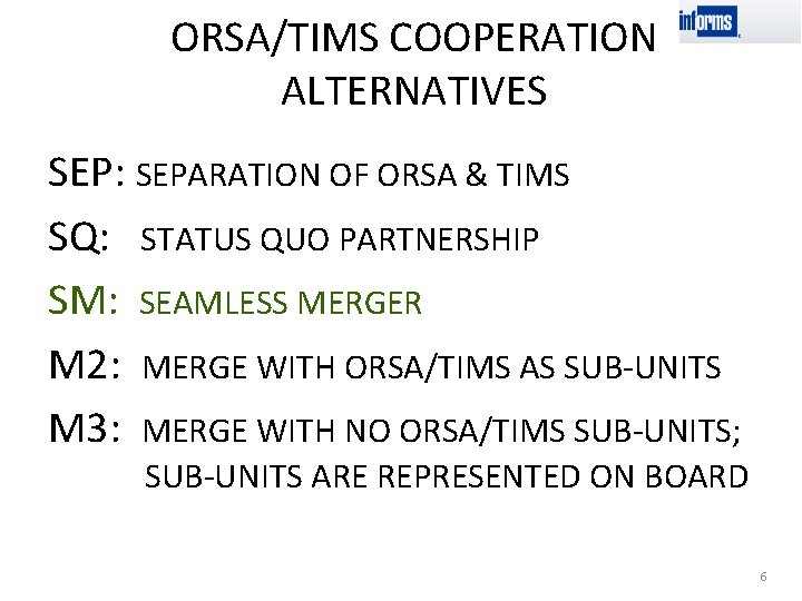 ORSA/TIMS COOPERATION ALTERNATIVES SEP: SEPARATION OF ORSA & TIMS SQ: STATUS QUO PARTNERSHIP SM: ORSA/TIMS COOPERATION ALTERNATIVES SEP: SEPARATION OF ORSA & TIMS SQ: STATUS QUO PARTNERSHIP SM: