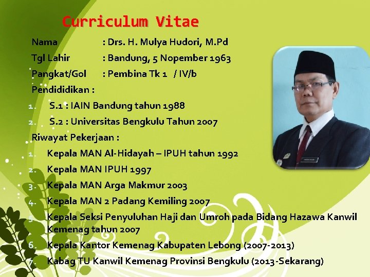 Curriculum Vitae Nama : Drs. H. Mulya Hudori, M. Pd Tgl Lahir : Bandung,